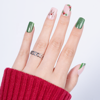 Ongles press-on verts pailletés, forme carrée moyenne, souples, en ABS, faits à la main, 32 pièces, faux ongles pour filles