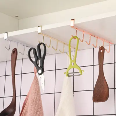 6 Hooks cup holder Hang kitchen cabinet Under Shelf Storage Rack
