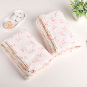 Custom 100% Cotton 4 Layers Muslin Swaddle <strong>Blanket</strong> with Lace Edge Baby <strong>Sleeping</strong> Bedding Cover - Product Image 2