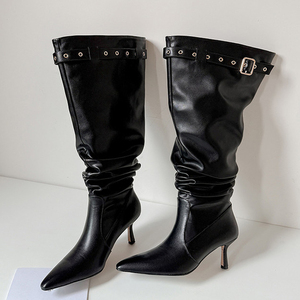 Women Top Belt Buckles Shoes High Heels Pointed Toe Stiletto on Knee High <b>Boots</b> Wide Pleated Upper Long Booties - Product Image 5