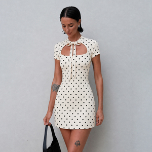 Simple Casual Woven Digital Polka Dot Contrast Trim Bow <b>Tie</b> Front Short Sleeve A-Line Silhouette Breathable Mini Dress for Women - Product Image 6