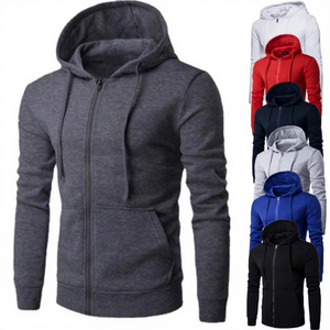 Men's Slim Fit Hooded Zip-Up Sweatshirt Solid Color Casual Autumn Wear 100% Cotton Knitted Long Sleeve - Product Image 5