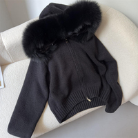 Bestseller - Pull personnalisé pour femme avec grand col en fourrure, capuche, double fermeture éclair, coupe courte et ajustée, cardigan en tricot