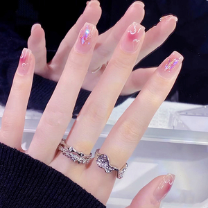 Uñas Postizas Minimalistas Rosadas de ABS, Forma Cuadrada, con Diseño de Corazón y Fragmentos de Vidrio, Estilo Ins, Arte de Uñas - Product Image 3
