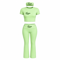 OEM Özel Logolu Kadın 3 Parça Takım Yüksek Bel İspanyol Paça Pantolon ve Crop Top ile Bandana Y2K Spor Yoga Egzersiz Eşofmanı