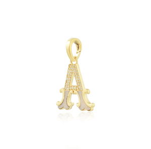 Diamond and Yellow Gold Initial A Pendant with Pink Opal An elegant initial 'A' pendant <b>crafted</b> in yellow gold - Product Image 1