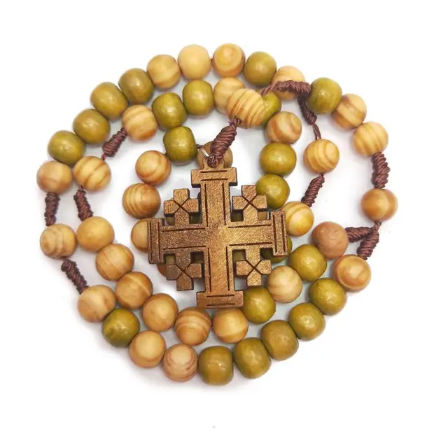 2021 Komi Wooden Beads Weaving JERUSALEM Jerusalem Religious Catholic Jewelry Cross Jesus Rosary Necklace