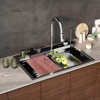 Évier de cuisine intelligent multifonctionnel en acier inoxydable 304, double cuve, design moderne, avec robinets à effet pluie, fabrication artisanale numérique nano