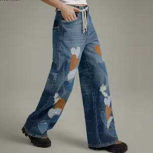 Pantalones Vaqueros Anchos de Mezclilla con Parche Bordado de Corazón para Mujer, Estilo Push-Up, Pierna Recta, Holgados, OOTD - Product Image 1