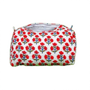 Custom Women's Floral Printed Cotton Knitted Cosmetic Pouch Bag Vintage Style Zipper <b>Case</b> for Travel and <b>Makeup</b> - Product Image 1