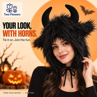 Chapeau de démon en forme de cornes de taureau pour Halloween, en peluche noire et fourrure, avec attaches pour le menton, pour accessoires de costume de cosplay et de fête