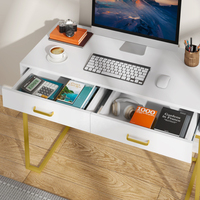 Grand bureau d'ordinateur extensible en bois avec 2 tiroirs, table d'étude moderne blanche avec métal doré