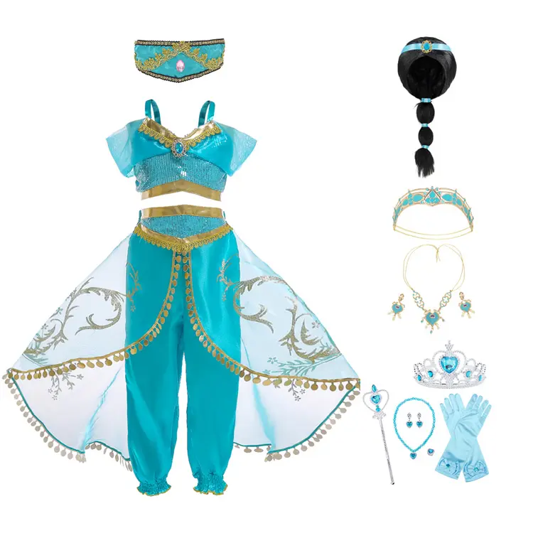 2022 Princess Jasmine Costume Girls Aladdin Cosplay Party Clothing Kids Birthday Halloween Performance Outfit with Accessories