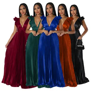 K10413 Latest Design Solid Color Artificial Silk Backless Deep V Sleeveless Pleated Dress Sexy Party Dresses Women Maxi Dresses