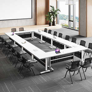 Folding Conference <strong>Table</strong>, Movable Splicing <strong>Long</strong> <strong>Table</strong> with Wheels, <strong>Foldable</strong> Training Desk and Chair Combination - Product Image 6
