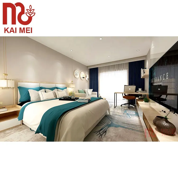 Set furnitur kamar tidur ruang Hotel resor kayu kustom dari pemasok Foshan ukuran bintang 5 gaya mewah Modern