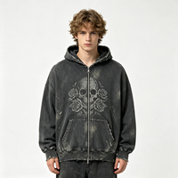 Sweat à capuche zippé gris foncé épais, effet vintage, graphique flamme vieilli, délavage acide, streetwear, coton molletonné délavé soleil