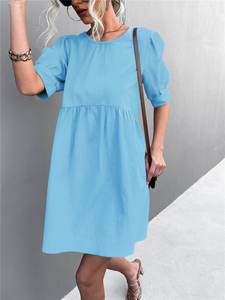 Nuevo vestido de manga abullonada con botones y cuello redondo, color liso, en oferta para primavera y otoño. - Product Image 5