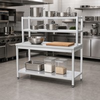 Mesa de Trabajo de Acero Inoxidable de Grado Comercial con Dos Niveles, Estante de Almacenamiento Superior y Base Inferior con Patas Ajustables para Cantina