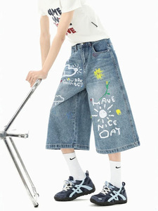Blue Denim <b>Culotte</b> Jeans Printed Mid Waist Calf Length Regular Fit Washable Women Shorts - Product Image 3
