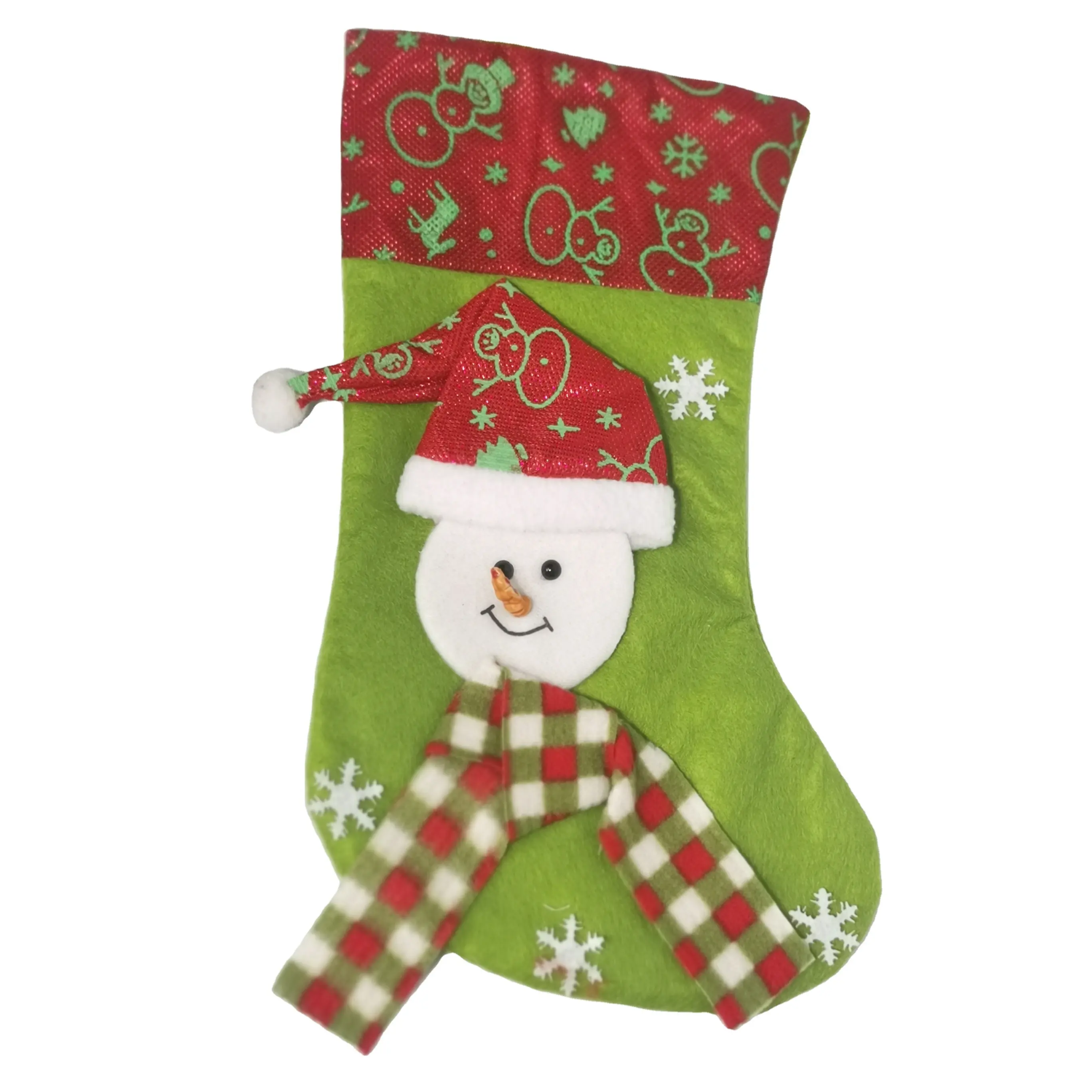 Green Nonwoven Snowman Christmas Stockings Mantle Hanging for Family Holiday Xmas Party Decorations Snowflake Tree Deer Design