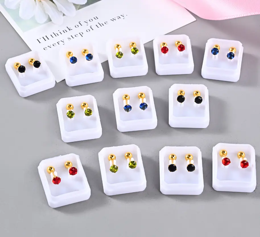 QIFEI orecchini a bottone semplici in acciaio inossidabile di moda coreana orecchini a quattro punte con zirconi multicolori