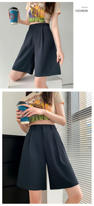 L0025 Short de costume en mousseline de soie pour femmes Pantalon cinq quarts décontracté à taille haute et coupe ajustée - Product Image 3
