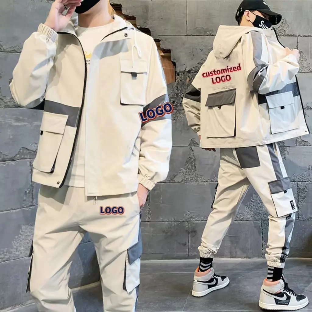 Custom Logo Street Wear Overalls Men's 2 Piece Track Suit Fashion Patchwork Cargo Pockets Tracksuit Sweatsuit Joggers Men