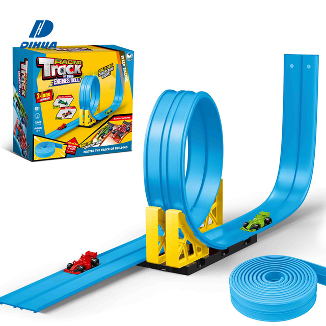 13 Ft Dual Sided Flexible Race Track with 2 Alloy Cars and Easy Roll up Storage for Dynamic Racing Play Dual-Sided Car Tracks