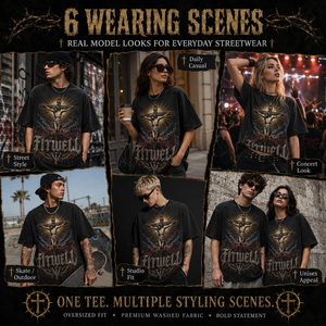 T-shirt Oversize da Uomo con Stampa Gotica a Croce, Stile <span class=keywords><strong>Rock</strong></span> Street Trendy, con Scritte Personalizzate in Strass e Grafica Lavata - Product Image 5