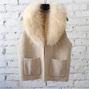 Tyan Wholesale New Design Spring Autumn Navy Blue Knit Wool <strong>Sleeveless</strong> <strong>Coat</strong> With Raccoon Fur Collar Custom Pure Wool Vest <strong>Women</strong> - Product Image 6