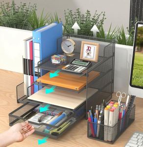 Metal Mesh 4 Tier Paper Letter Tray Desk Storage and Accessories <b>Office</b> Desktop Organizer File Trays - Product Image 2