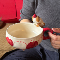Bol en céramique de style américain, dessiné à la main au Japon, avec motif de chat en relief sous glaçure, idéal pour le petit-déjeuner et les salades.