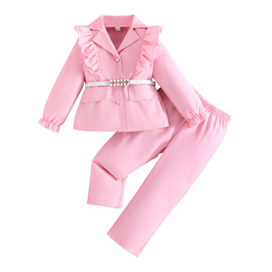 Conjunto de Tres Piezas para Niñas y Bebés, Otoño-Invierno, Chaqueta y Pantalones con Cinturón Blanco y Volantes, Color Rosa <span class=keywords><strong>Vino</strong></span> Tinto - Product Image 2