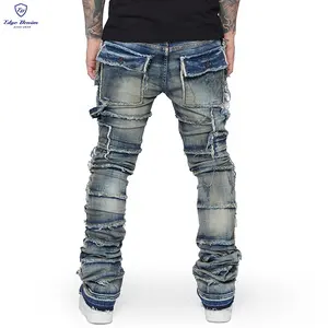 Calça jeans lisa masculina, calça de algodão com tamanho grande para homens, parte inferior da etiqueta privada, personalizada, empilhada, 2023 oem