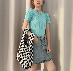 2023 Designer stile coreano borse in maglia all'uncinetto per le donne Casual Tote due Open alla moda modello a scacchi per lo Shopping - Product Image 3