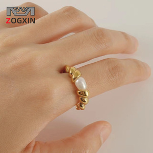 Zogxin Natural Pearl <b>Ring</b> 18k Gold Open <b>Titanium</b> Steel Band Wave Design For Women Gift Jewelry - Product Image 1