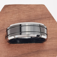 POYA Bague en tungstène unisexe 8mm Double rainuré avec bord biseauté classique argenté plaqué noir pour cadeau de fiançailles de mariage