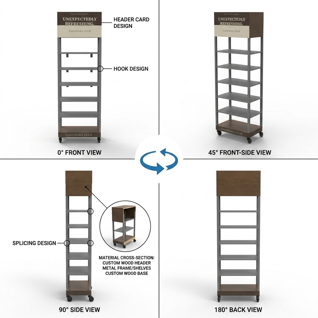 Wholesale Custom Modular Wood Metal Coffee Display Rack Floor Standing Snack Display Stand with Wheels for Retail Boutique — view 3