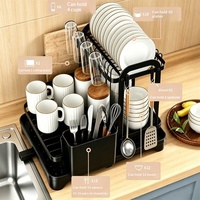 Égouttoir à vaisselle métallique double couche multifonctionnel pour comptoir de cuisine, support pour bols et baguettes, rangement pour ustensiles de cuisine et planche à découper