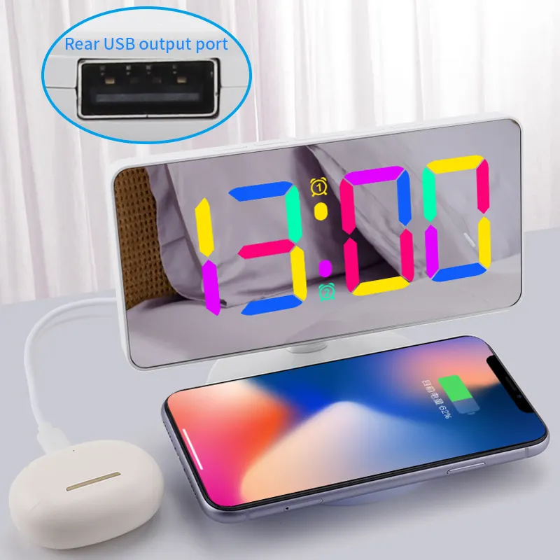 Jam Alarm elektronik LED warna-warni RGB, arloji Digital permukaan cermin ruang tamu kamar tidur dengan Port USB