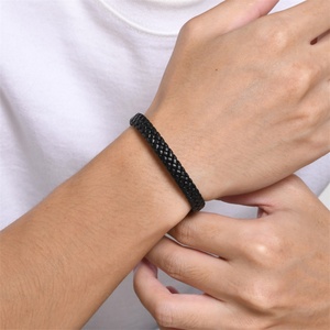Fashion Minimalist High End Jewelry <b>Mens</b> Stainless Steel Button Black Leather Bracelets - Product Image 5