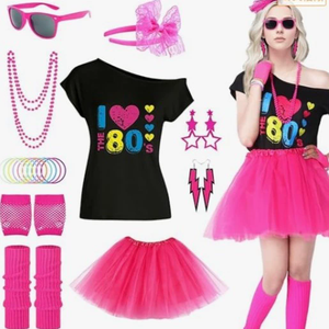 Conjunto de Disfraz Temático de los 80 para Mujer, Camiseta I Love the 80s y Falda de Tul con Accesorios para Halloween, Navidad y Fiestas Disco Retro - Product Image 1