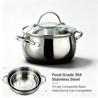 Ensemble de casseroles de style américain en acier inoxydable écologique moderne, 2 pièces, avec couvercle en verre, compatible avec les plaques à induction
