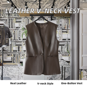 Genuine Leather Sheepskin Breathable Windproof Solid V-neck Single Button Casual Outerwear <b>Women's</b> <b>Vest</b> - Product Image 2