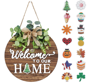 Panneau de bienvenue saisonnier interchangeable en bois moderne, décoration de porte d'entrée avec couronne de verdure, style rond peint à la main - Product Image 1