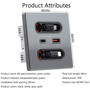 مقبس حائط USB بقوة 12 واط مع خطين شحن تلسكوبيين، مقبس ذكي عالمي من الزجاج المقوى بمنافذ USB وType-C - Product Image 2