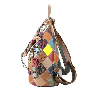 Sac à dos AndoBag à carreaux avec surpiqûres colorées pour femmes, sac à dos rétro en cuir véritable, grande capacité, sac à main 2495 - Product Image 4