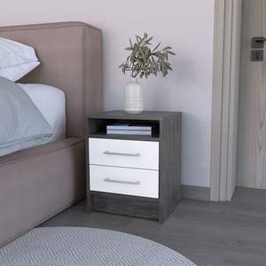 Mesita de noche moderna de dos cajones de lujo DB Cartiz, madera maciza y MDF, roble ahumado/acabado blanco para uso en apartamentos o hospitales - Product Image 1