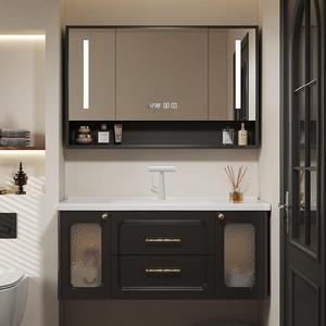 French style luxury solid wood floor standing bathroom cabinet, ceramic integrated basin bathroom <b>mirror</b> cabinet - Product Image 2